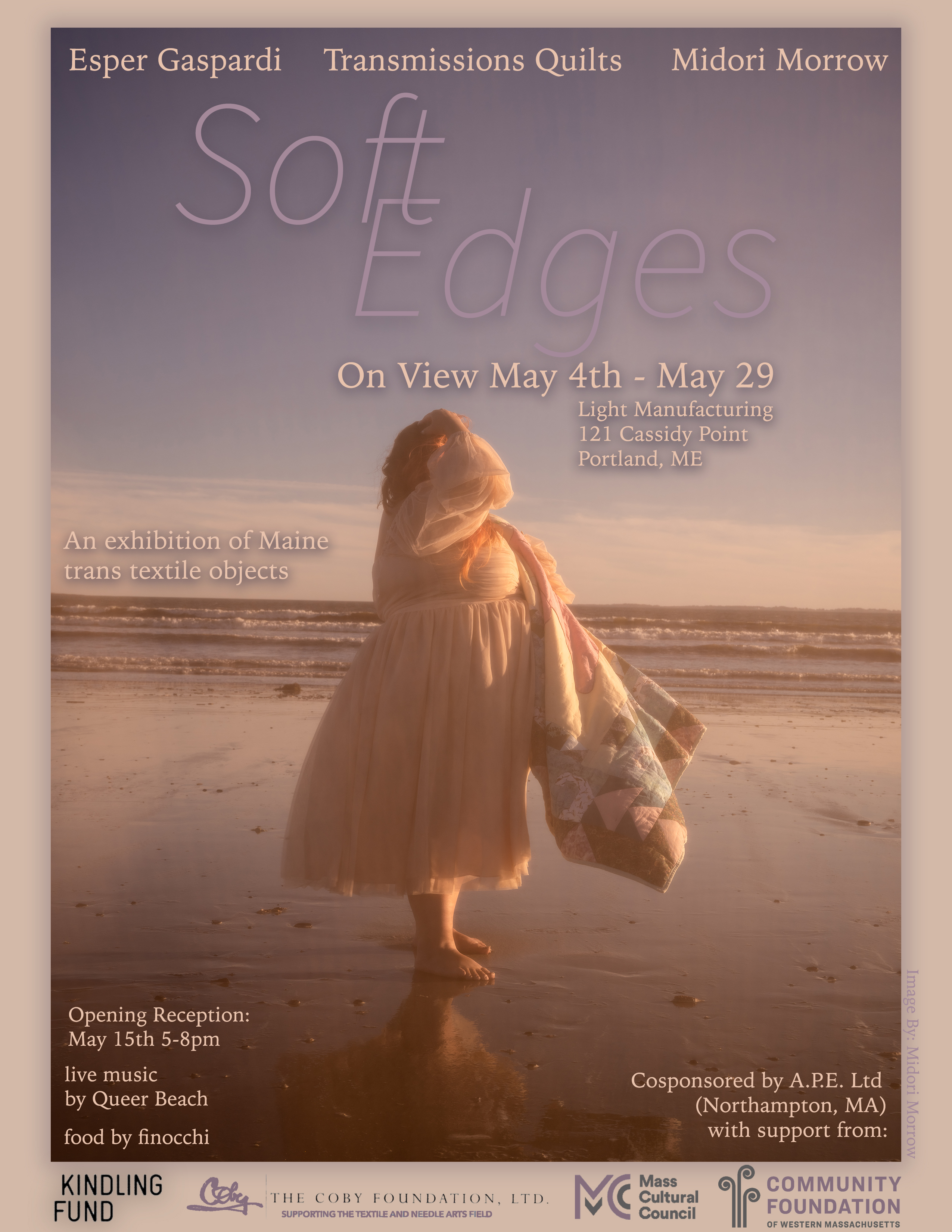 a flyer advertising an art show in Portland, Maine over a gauzy film photo of a person holding a quilt